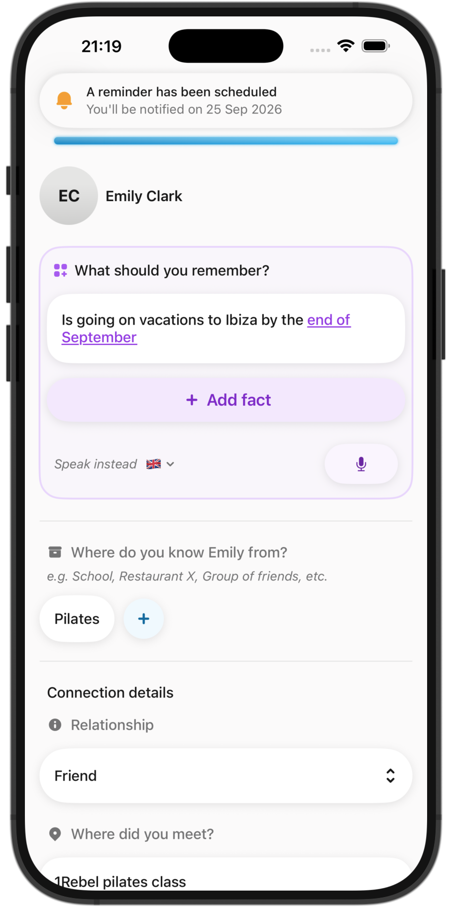 Connaict app showing a contact detail screen with relationship notes, facts, and reminders